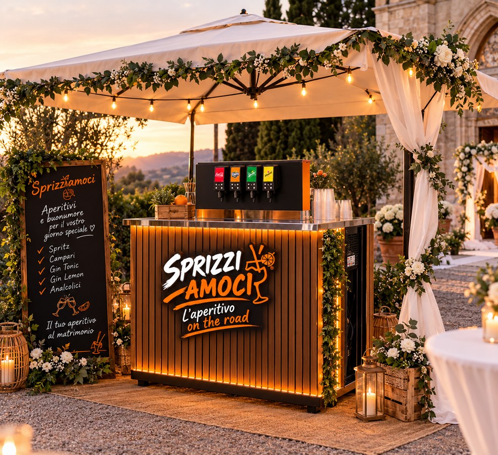 Il banco Sprizziamoci in allestimento wedding: rivestimento effetto legno, luci ambrate, ombrellone avorio e fiori